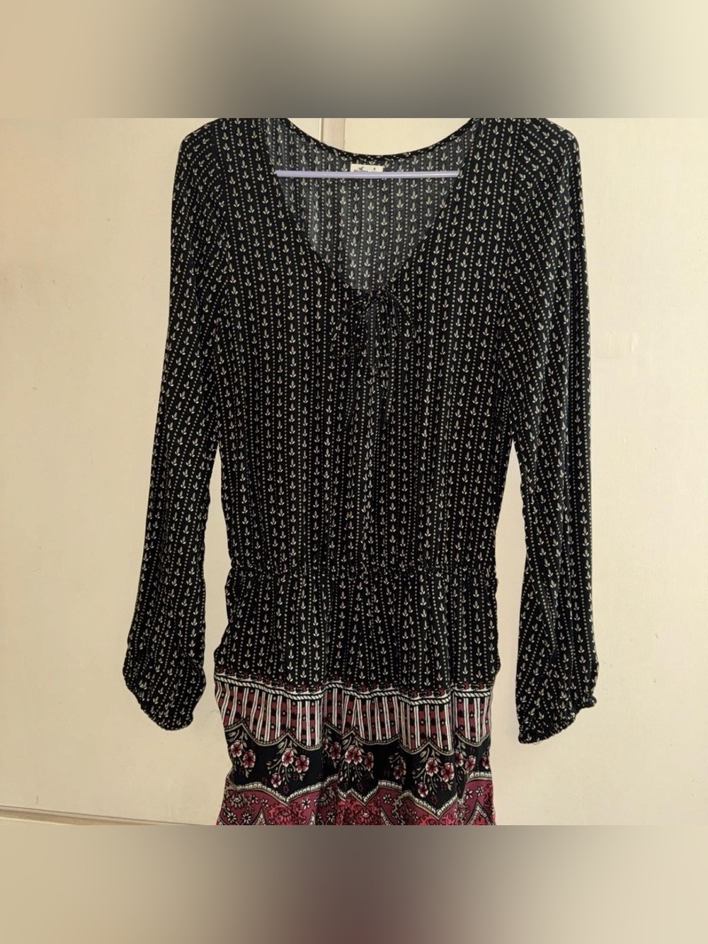 Hollister Black Patterned Long Sleeve Romper with Pink Accent